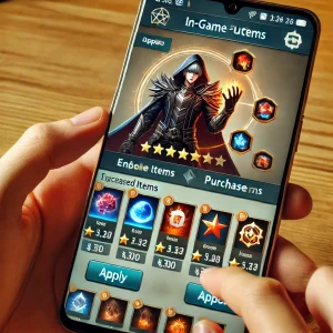 スマホゲーム内でキャラクターを強化するための課金アイテムを使うプレイヤーの画面