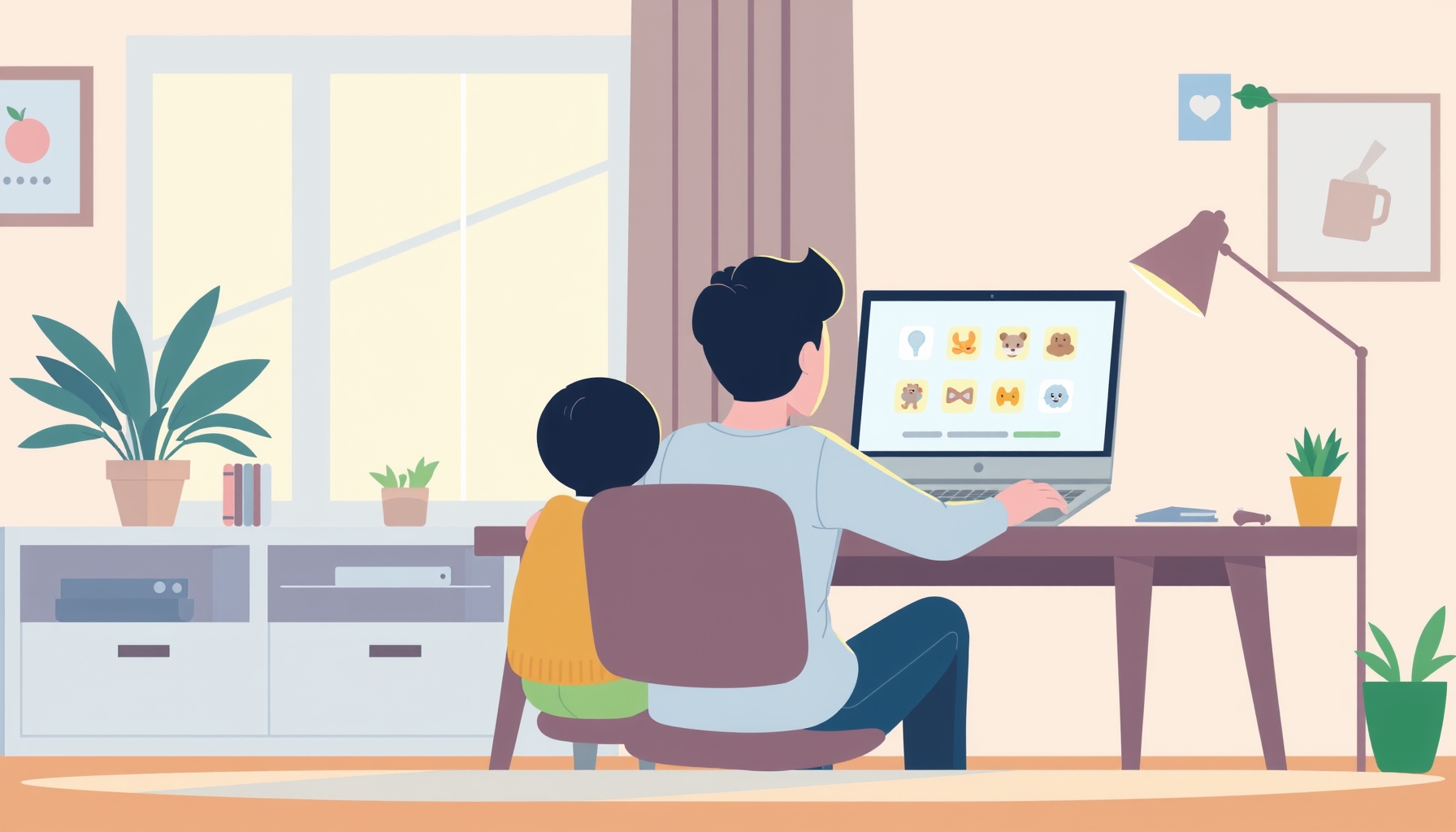 オンラインでプログラミングを学ぶ子どもと見守る保護者のイラスト